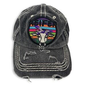 4350 District Womens Heifer Baseball Hat Gray Distressed Cow Embroidered Dad Cap